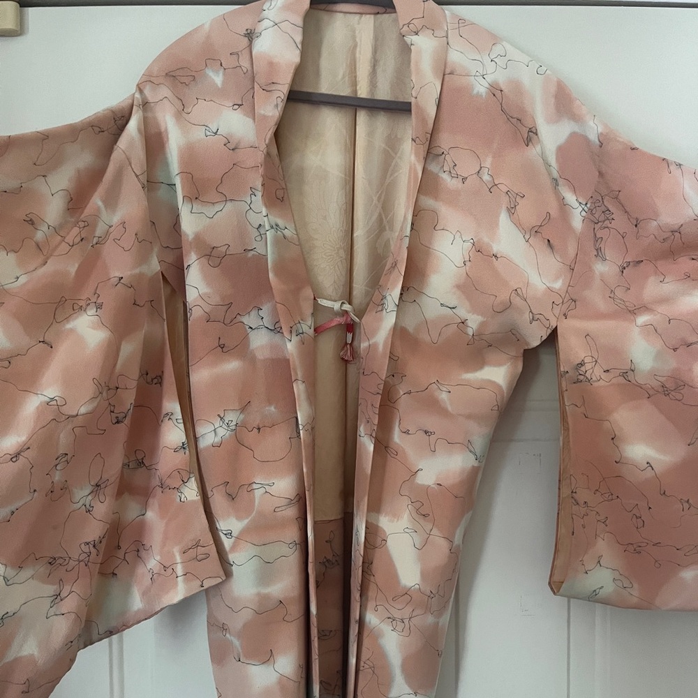 Vintage Hand Made Inked Silk Kimono Robe Pink White Top Jacket Duster